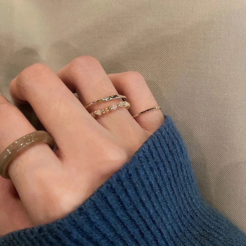 4Pcs Bunte Perlen Harz Metall Unregelmäßige Linien Ringe für Frauen Retro Geometrische Acryl Perle Knuckle Joint Ring Set Schmuck geschenk – Detail 4