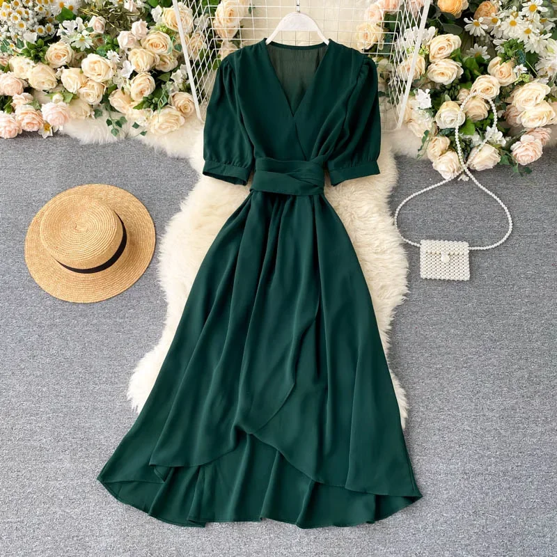 Women\'s Dress Spring New Temperament V-neck Solid Color Bubble Short-sleeved Irregular Ruffle Edge Lacing Dress Leisure Vestidos
