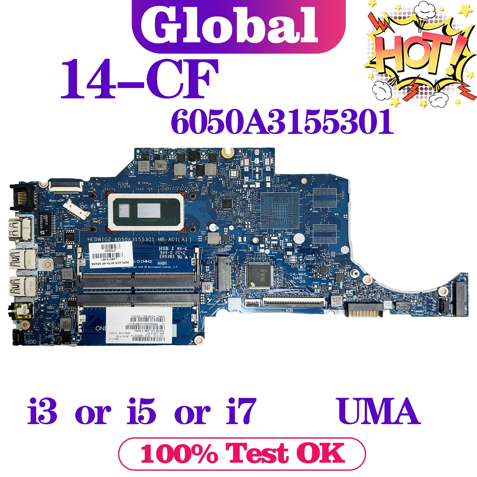 

KEFU 6050A3155301 Mainboard For HP 14-CF 14S-CF L38212-601 L38212-001 Laptop Motherboard i3 i5 i7 8th Gen UMA