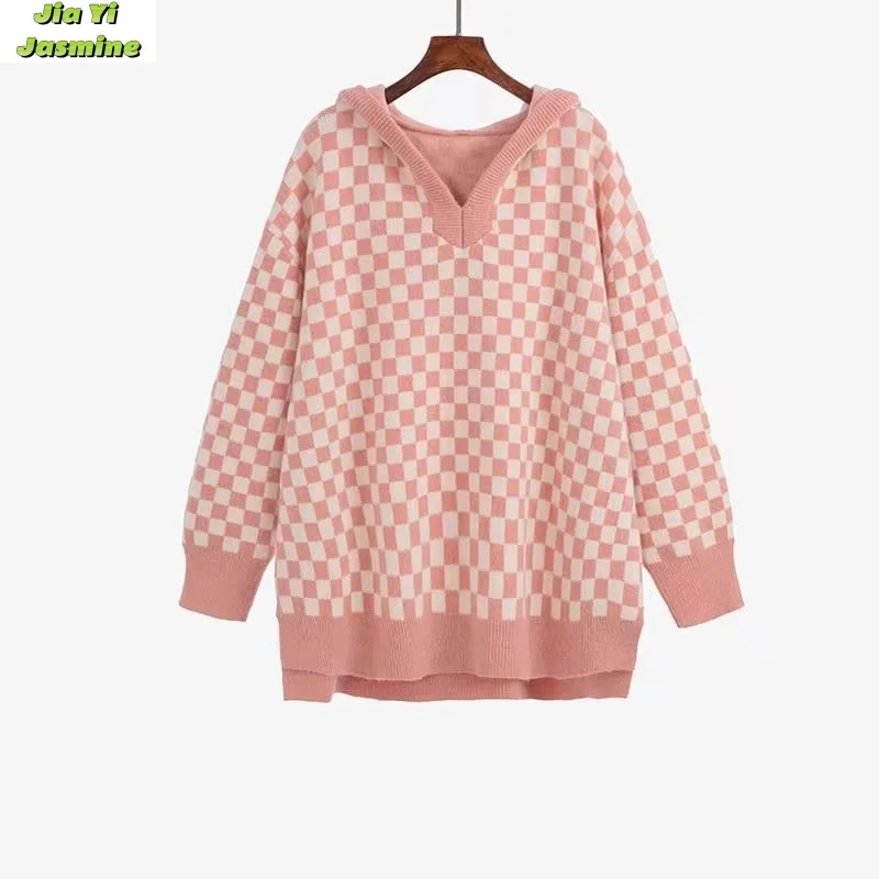 2024 Women's Loose and Age Reducing Soft and Sticky Checkerboard Patterned Hooded Sweatshirt Style Sweater