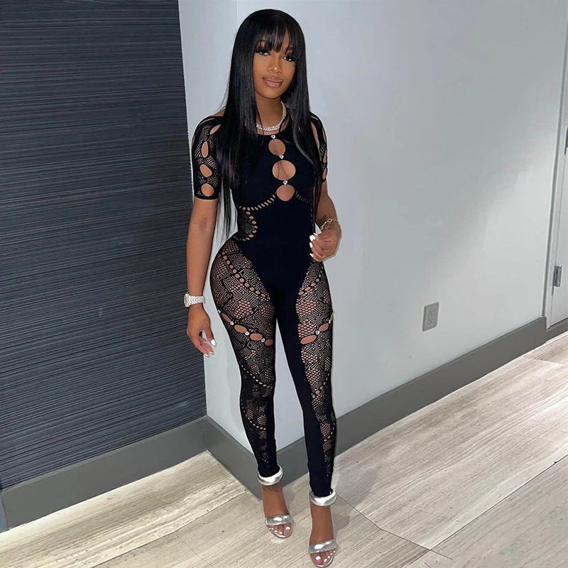 Women Jumpsuit Rhinestone Embellished  Backless Halter Hollow Sheer Sexy Slim One Pieces Bodycon Hottie Party Clubwear
