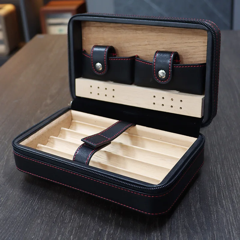 

Portable Humidor Cigar Box Travel Cigar Case 4-pack Cedar Wood Leather Cigar Humidor Storage Box Accessories