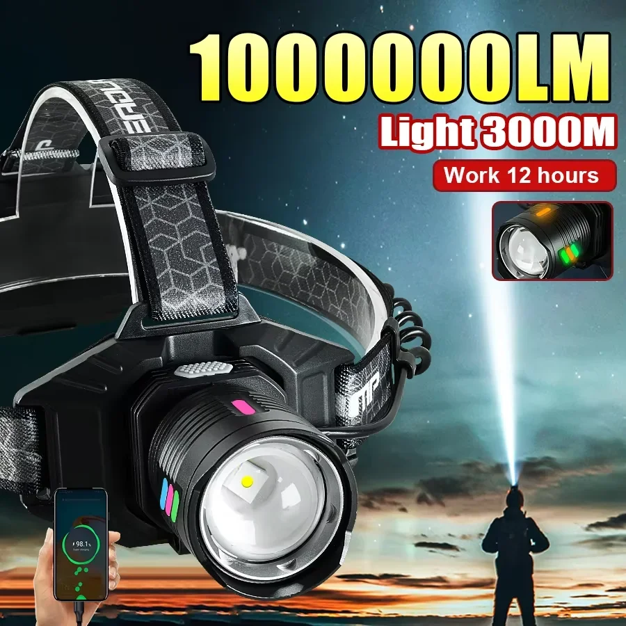 

Сверхмощный светодиодный налобный фонарь 1000000LM, дальность 3000 м, суперяркий, для кемпинга и походов, на аккумуляторе 18650