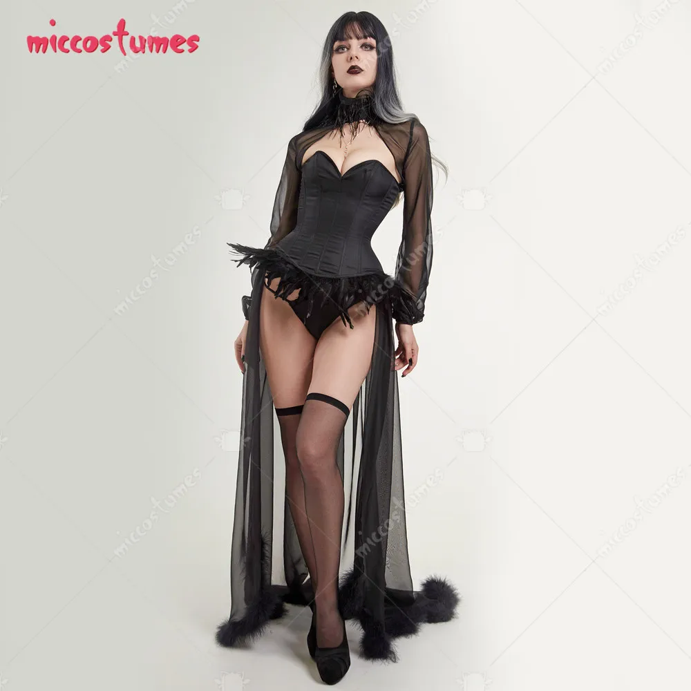 Women Sexy Witch Corset Halloween Black Crow Lingerie Set with Stockings Sarong Choker Lingerie Sleepwear Sexy Costumes