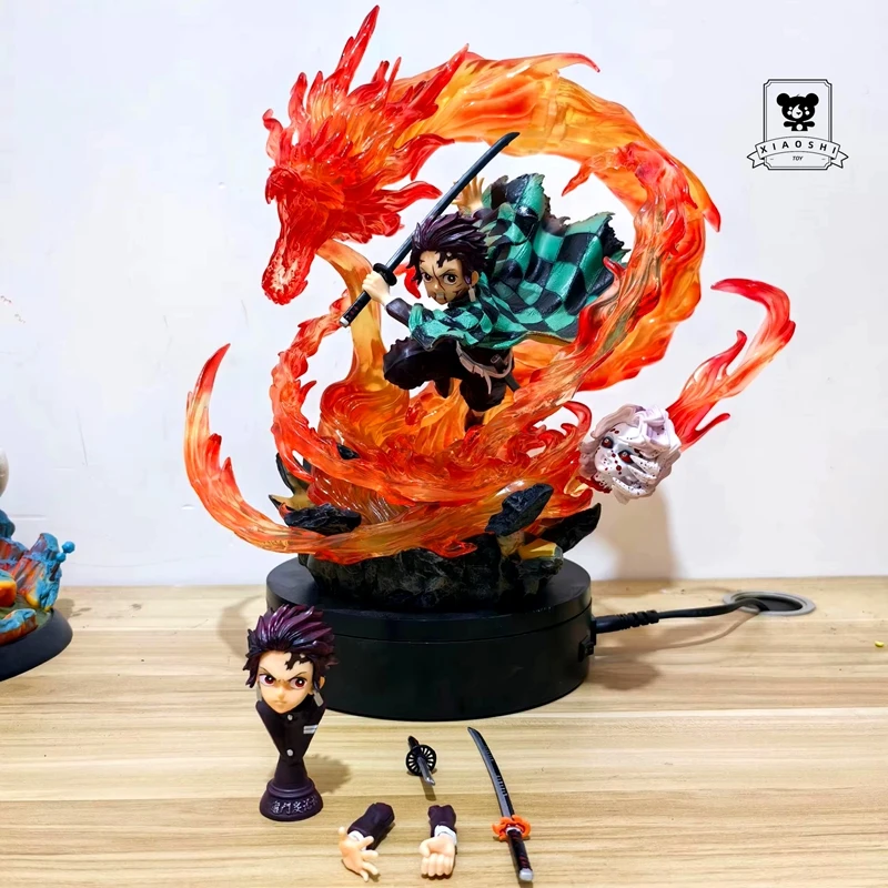 

30cm Bandai Demon Slayer Gk Tanjirou Kamado Anime Pvc Action Figure Fire Dragon Withled Light Statue Color box Desktop ornament