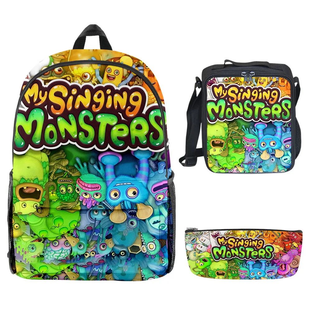 Cartoon Novelty Cool my singing monsters 3D Print 3pcs/Set School Bags Laptop Daypack Backpack Crossbody Lunch bag Pencil Case