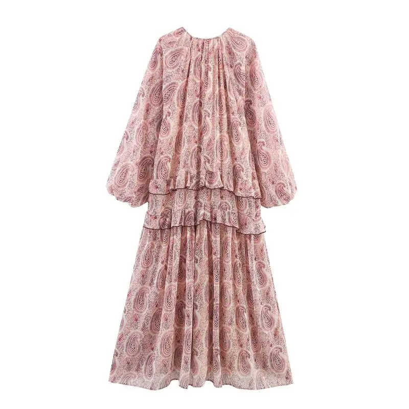 E em camadas decoração imprão vestido de manga longa nova coleção verão moda fena estilo viagem com decote em v...