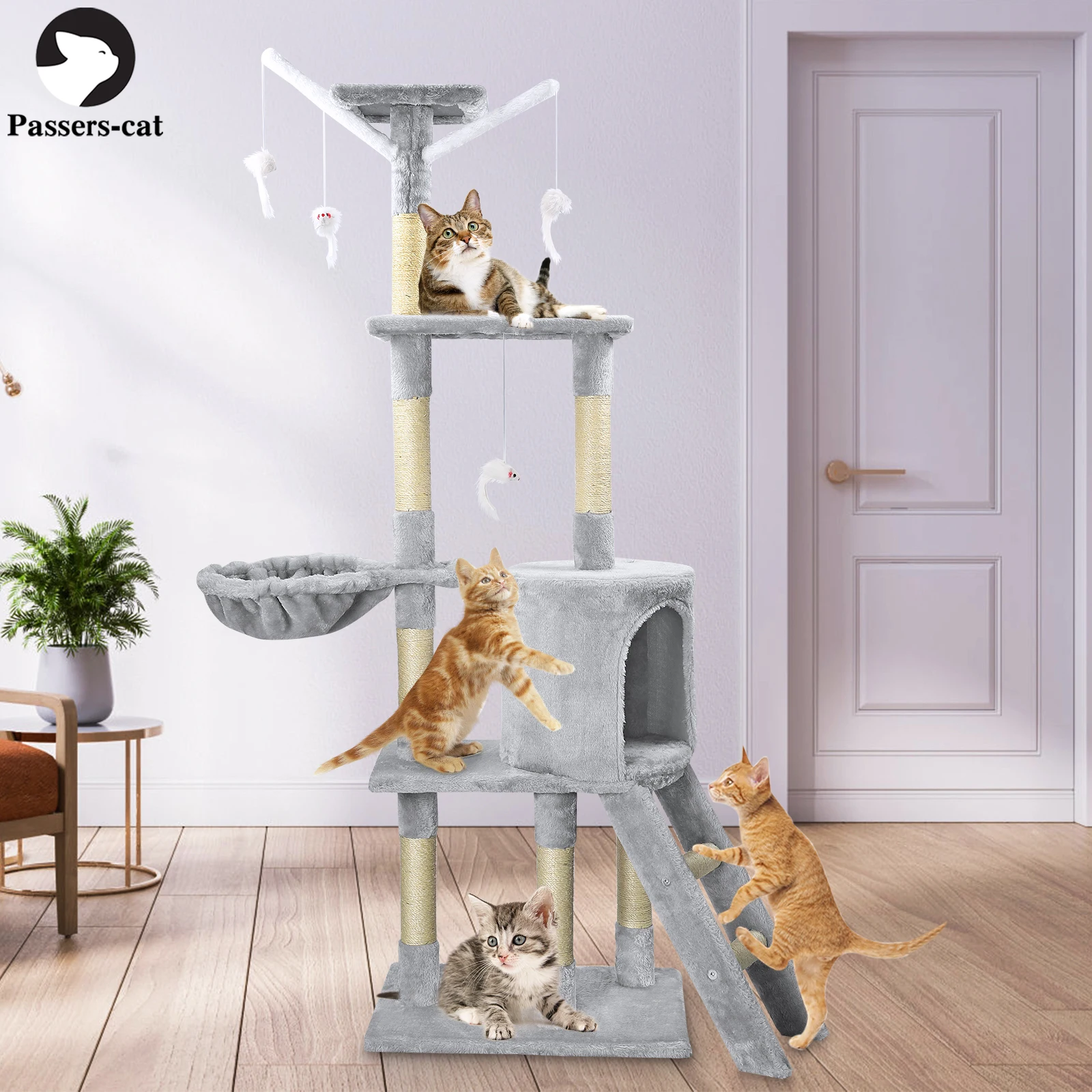 Passerscat Cat Trees Struttura da arrampicata Torre per gatti da interni Condo con tiragraffi Amaca Posatoi superiori imbottiti Cavelle Scala