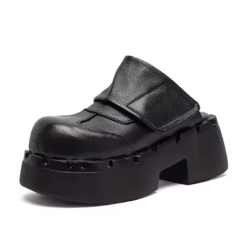 7cm Cow Genuine Leather Flats Mary Jane Slippers Hook Shoes Fashoin Pumps Women Platform Wedge Luxury Big Toe Comfy