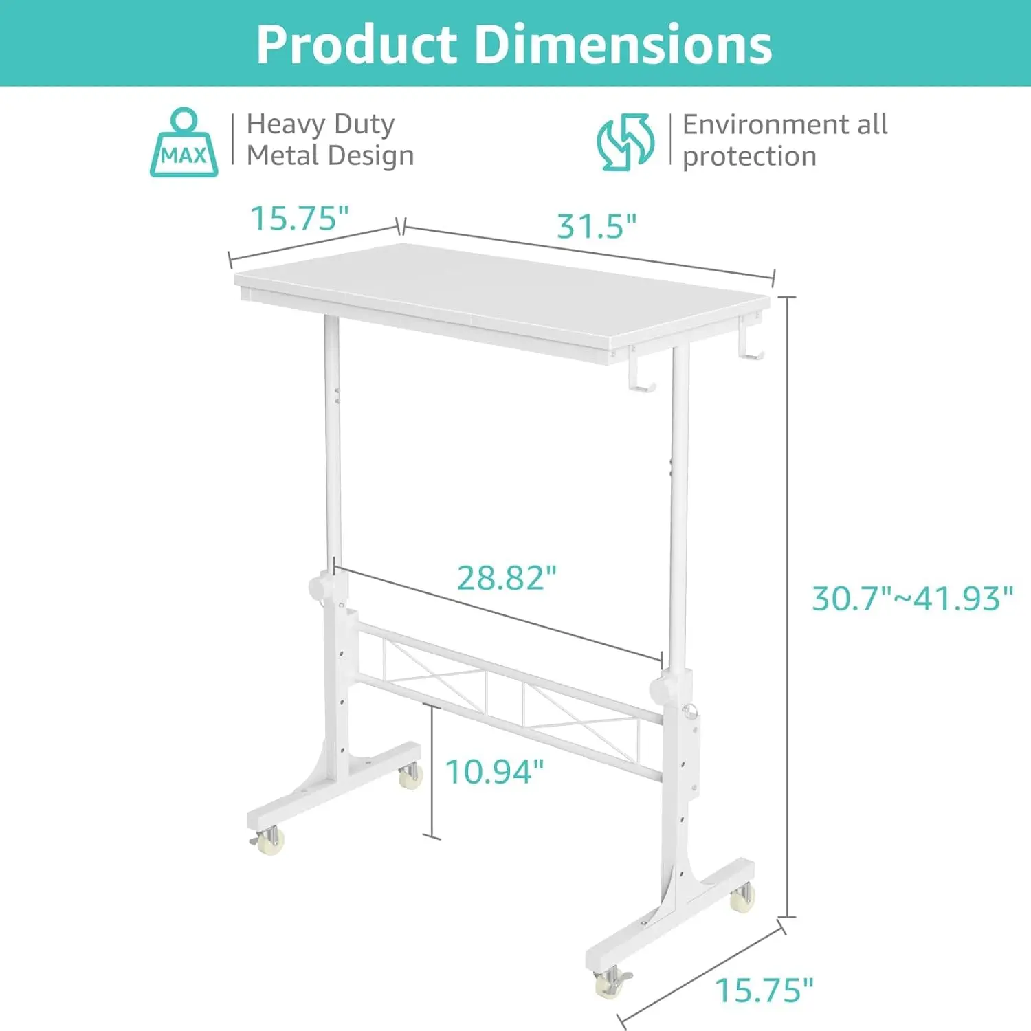 مكتب دوار بارتفاع قابل للتعديل مع عجلات، محطة عمل متوافقة مع جهاز المشي باللون الأبيض مقاس 32 بوصة للمكتب المنزلي