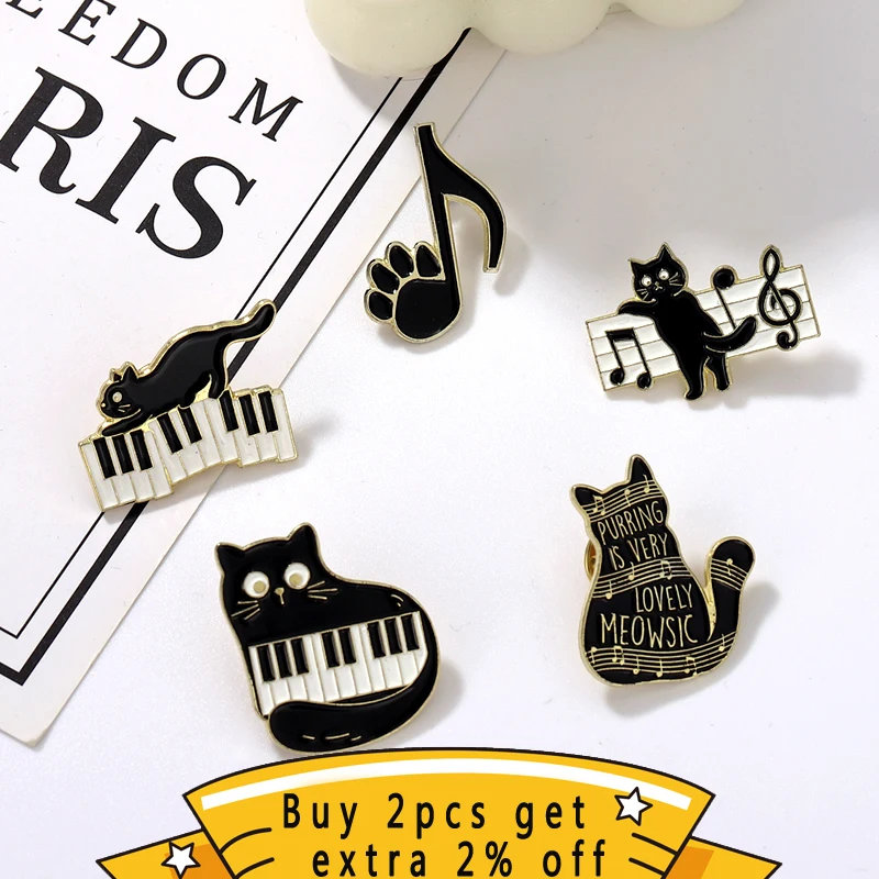 Black And White Keys On The Piano Enamel Pins Cat And Musical Note Brooches Lapel Badges Concert Jewelry Gift For Art Friends