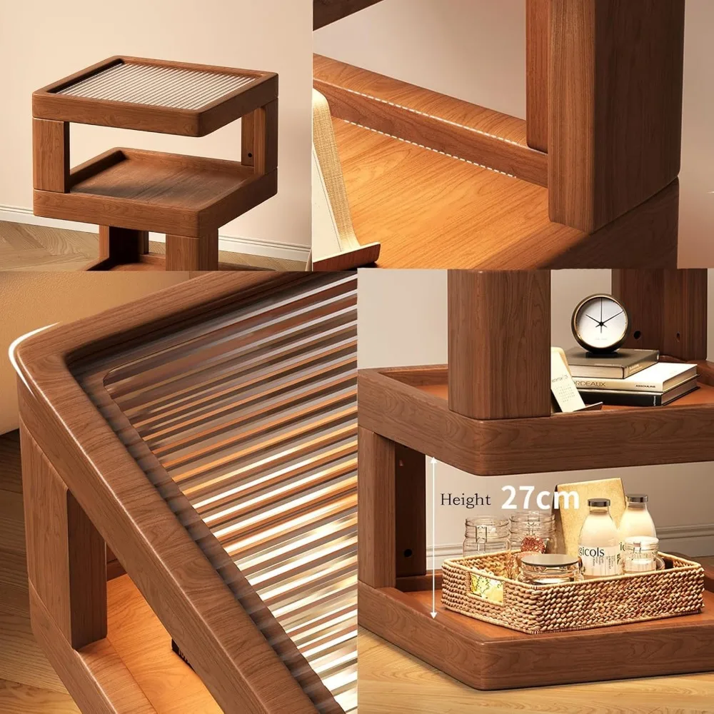 منضدة خشبية حديثة مع رف زجاجي - طاولة جانبية صغيرة لغرفة النوم (21.3 بوصة × 17.7 بوصة × 17.7 بوصة) #5