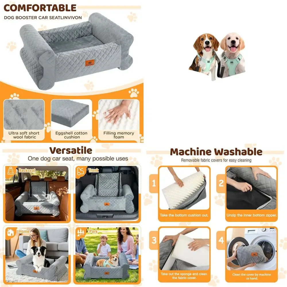 

Large Dog Car Seat with Memory Foam Cushion, Detachable Cover, Storage Pockets for SUVs, Trucks, Grey