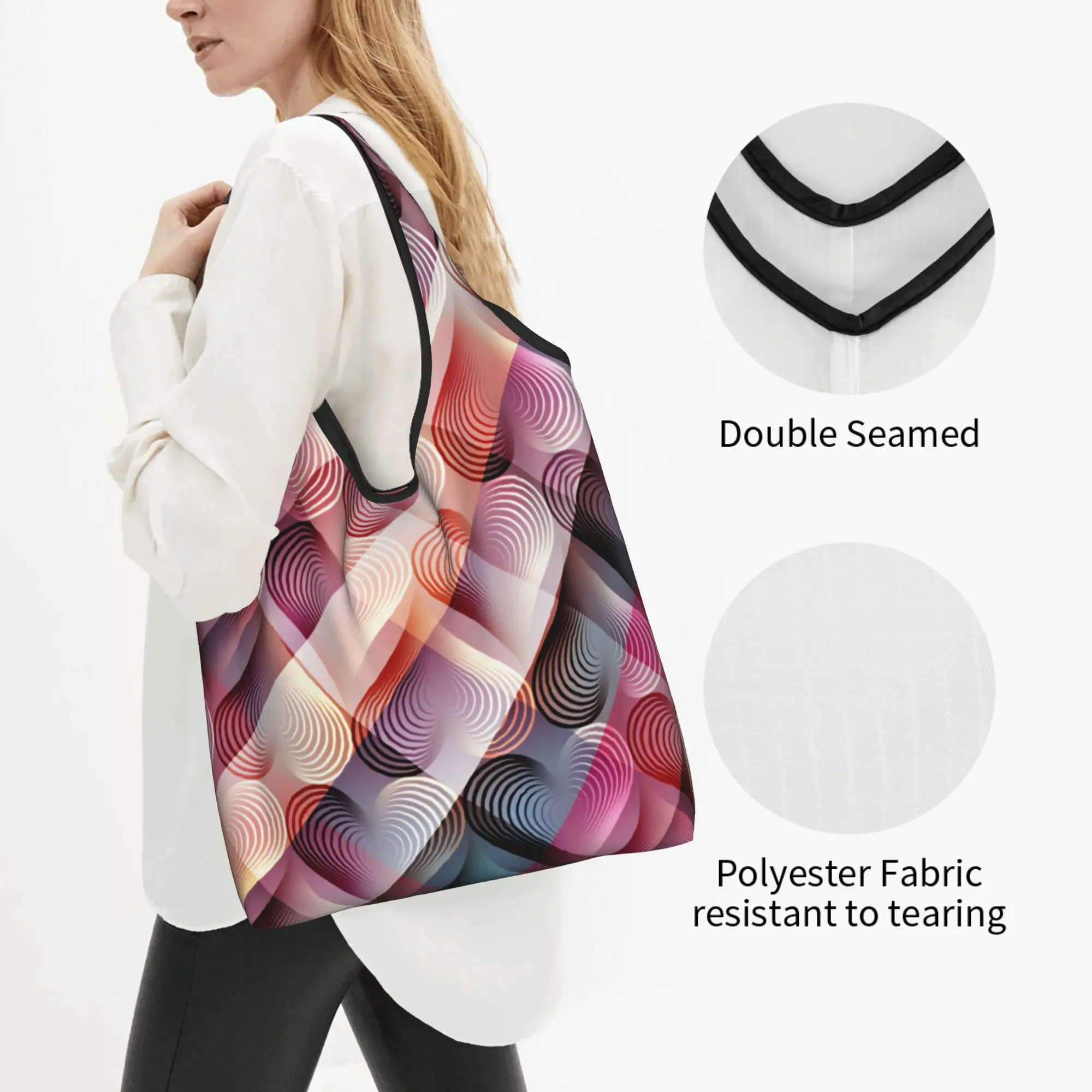 Cute Printed Heart Striped Optical Illusion Tote Shopping Bag Portable Shopper Shoulder Diagonal Plaid Valentine's Day Handbag