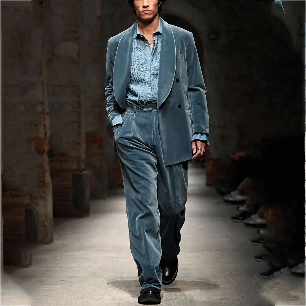 

Haze Blue Velvet Men Suit High Quality Shawl Lapel Classic Elegant Straight Casual Business Male Clothing Two Pieces Set