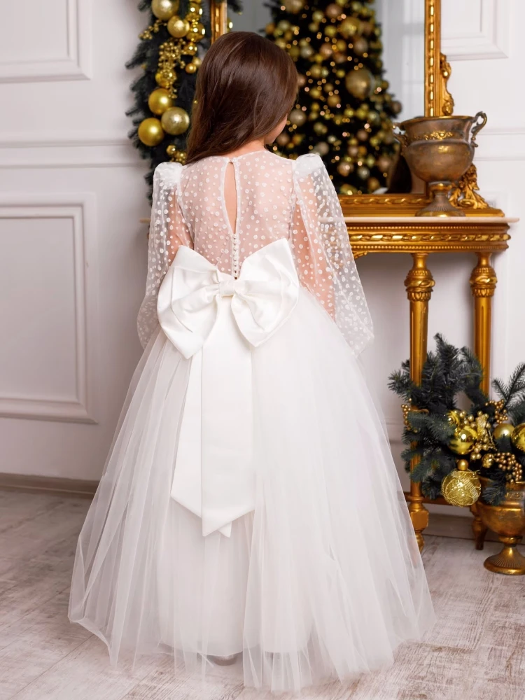 Elegante abito da ragazza di fiori per matrimonio in tulle a maniche lunghe gonfie con fiocco Abiti da prima comunione da principessa per feste di compleanno