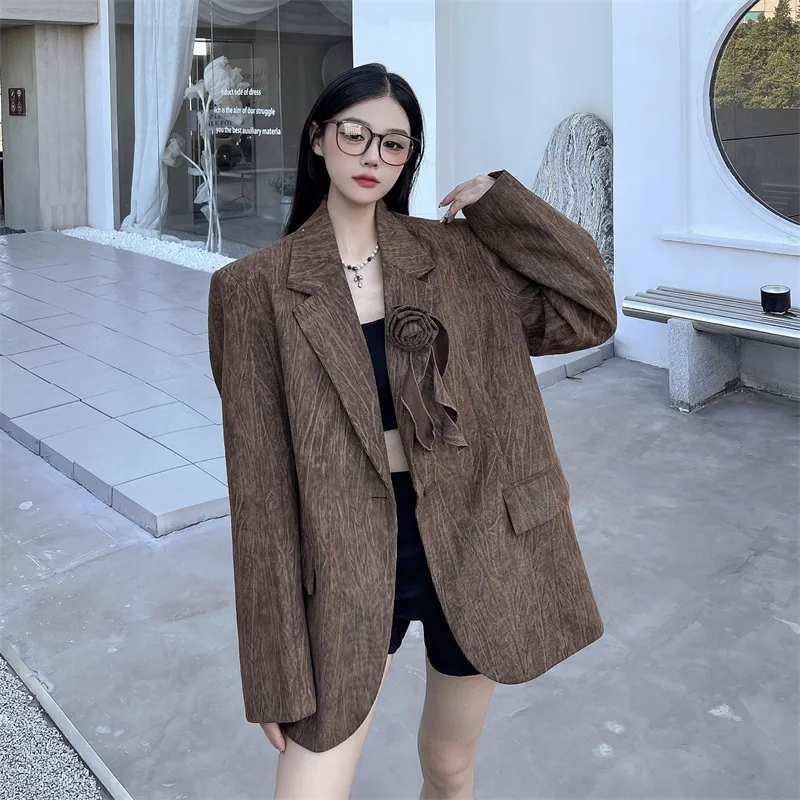 Vintage élégant tridimensionnel fleur ample costume veste printemps automne un bouton manteau femme surdimensionné veste manteau
