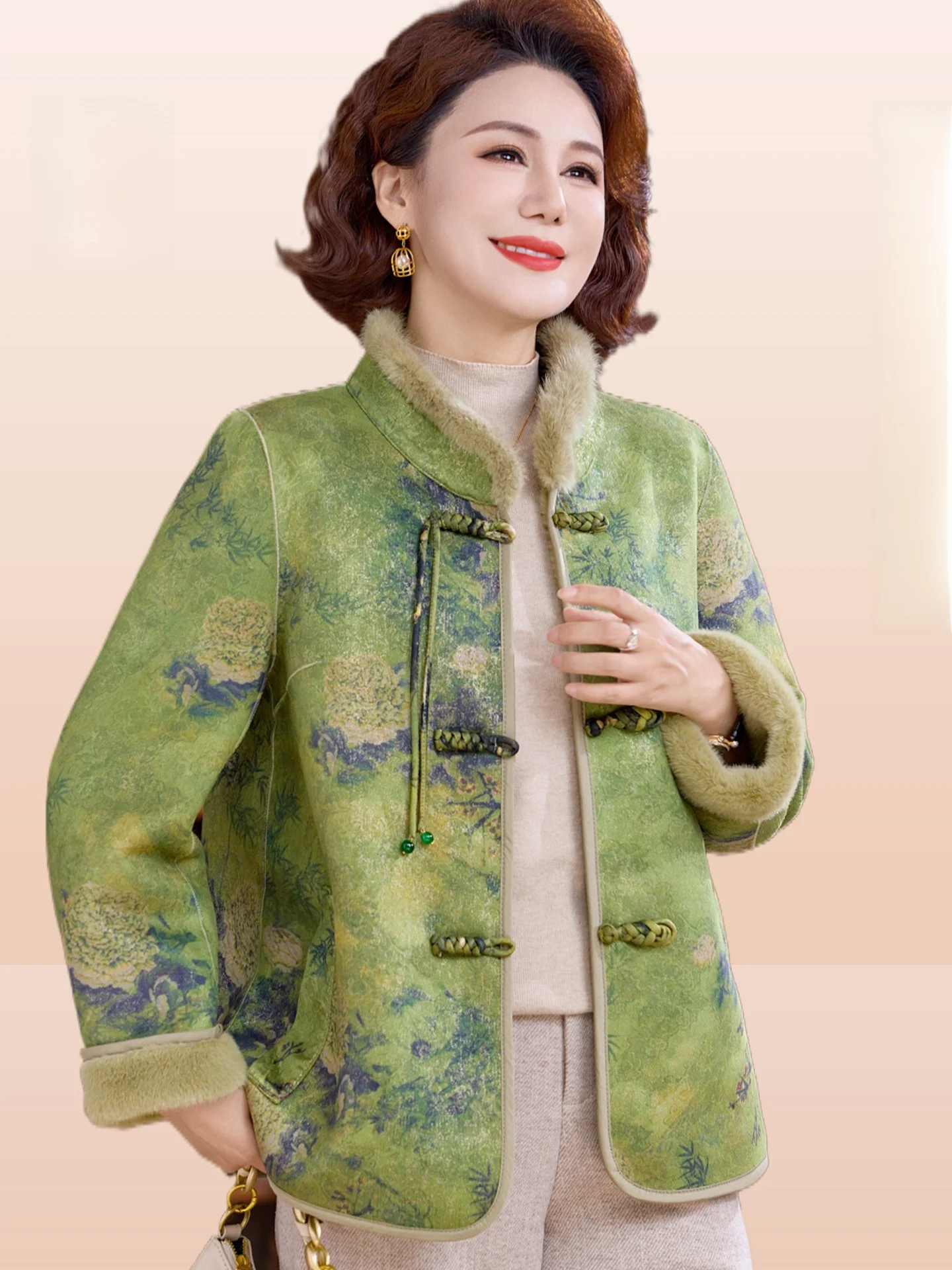 

Ele Chinese Sle Fur Coat for Older Women Winter Warmth Long Sve Mid-Length Single Button Closure Water Rabbit Velvet