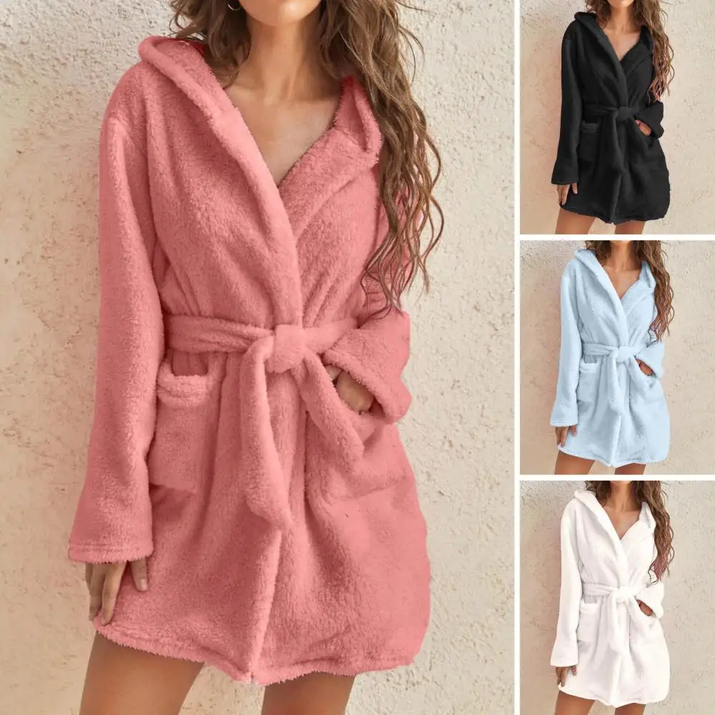 Tie Waist Nightgown Cozy Women's Hooded Flannel Nightgown Robe with Pockets for Winter Sauna Parties Home Relaxation Women