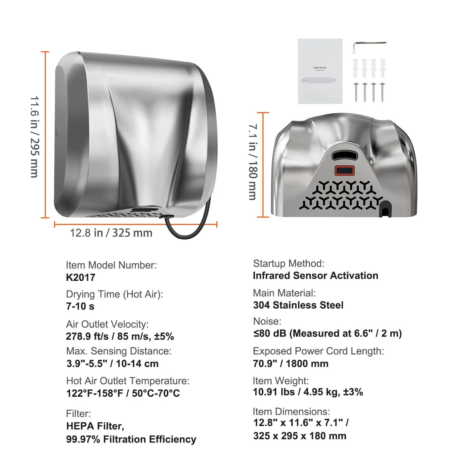 Secador de Manos Comercial de Alta Resistencia, 1300W, Automático, de Alta Velocidad, de Acero Inoxidable, con Aire Caliente, 120V, Enchufable/Cableado