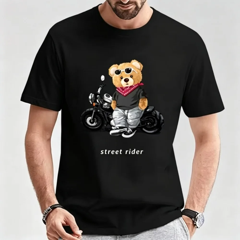 2026 New  Men Street Rider Teddy Bear Motorcycle Graphic T-shirt Cute Biker Bear Print Short Sleeve Streetwear Tops