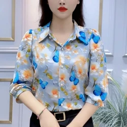 2024 New Summer Commuting Fashion Minimalist and Versatile Short Sleeved Blouses Loose Collar Printed Button Women's Shirt Top