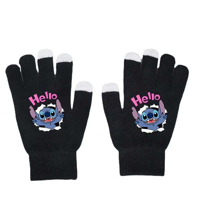 Disney Lilo Stitch Knitted Hat Gloves Kids Winter Warm Black Fishnet Mittens Cap Anime Figure Cartoon Headgear Decoration Gifts image 5