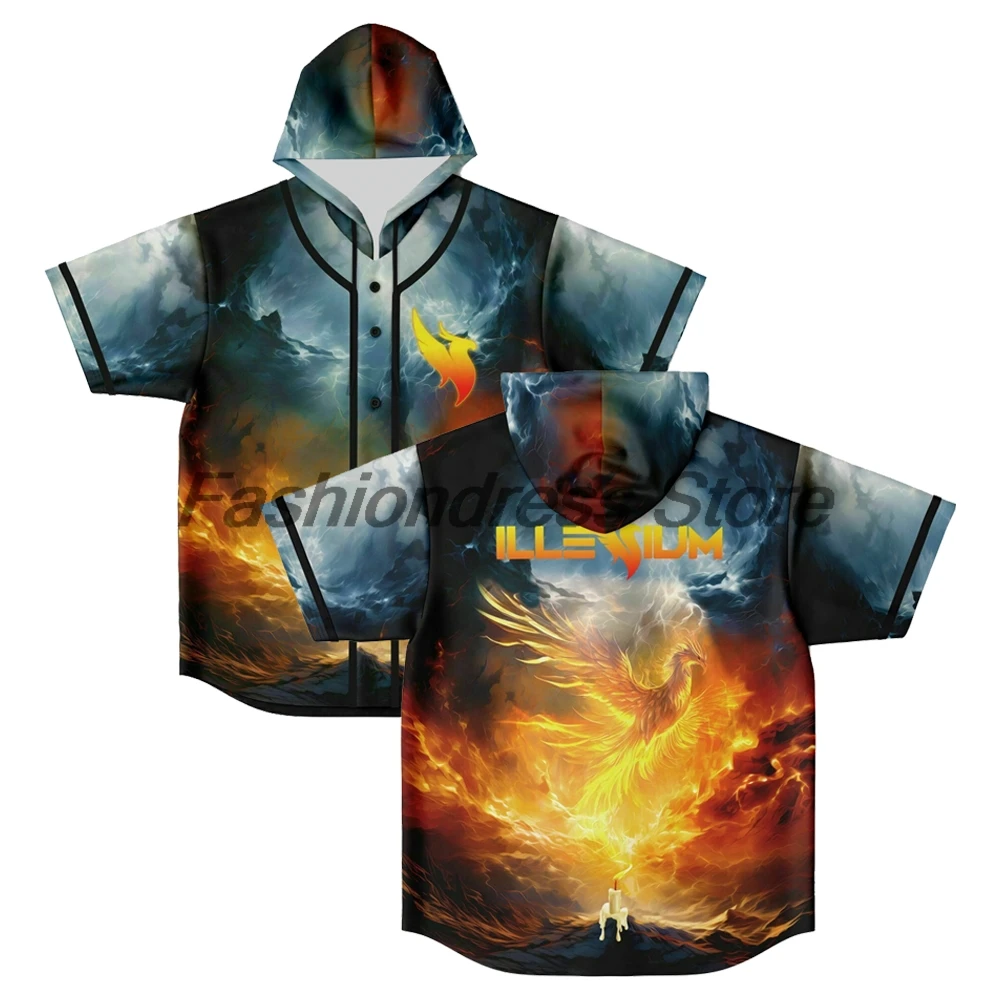 

Illenium Fire Rave Hooded Baseball Jersey 2026 Music Festival Short Sleeve Button-up Shirts Women Men Streetwear Tops