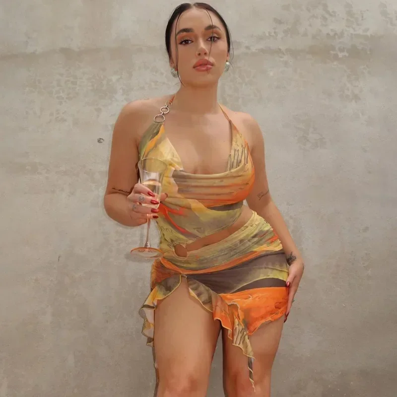 فستان مثير Y2K مطبوع عليه نادي الحفلات فستان مكشكش صغير للنساء صيفي بربطة عنق بدون ظهر فساتين سهرة سبليت