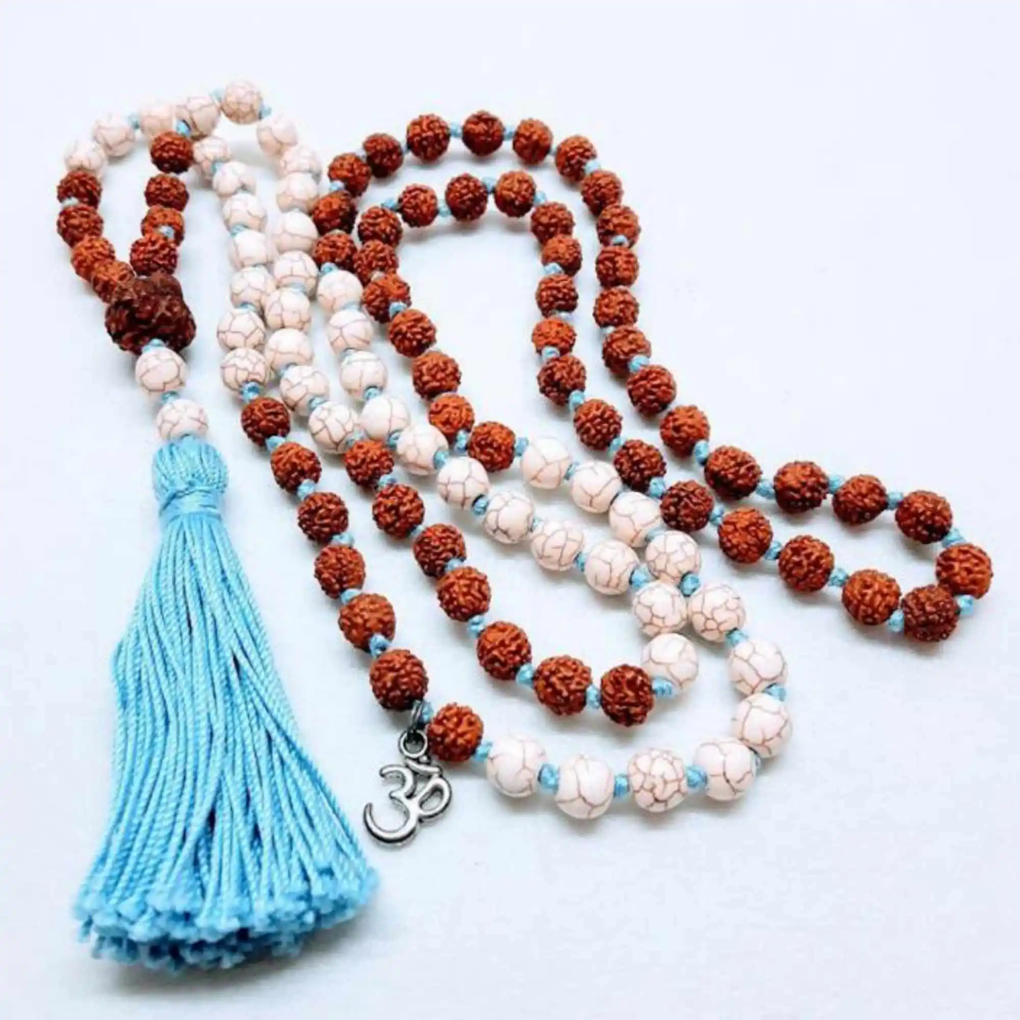 

8mm Natural Rudraksha howlita white turquoise beads necklace Inspiration Taseel Yoga Healing Prayer Wrist Relief Energy Mala