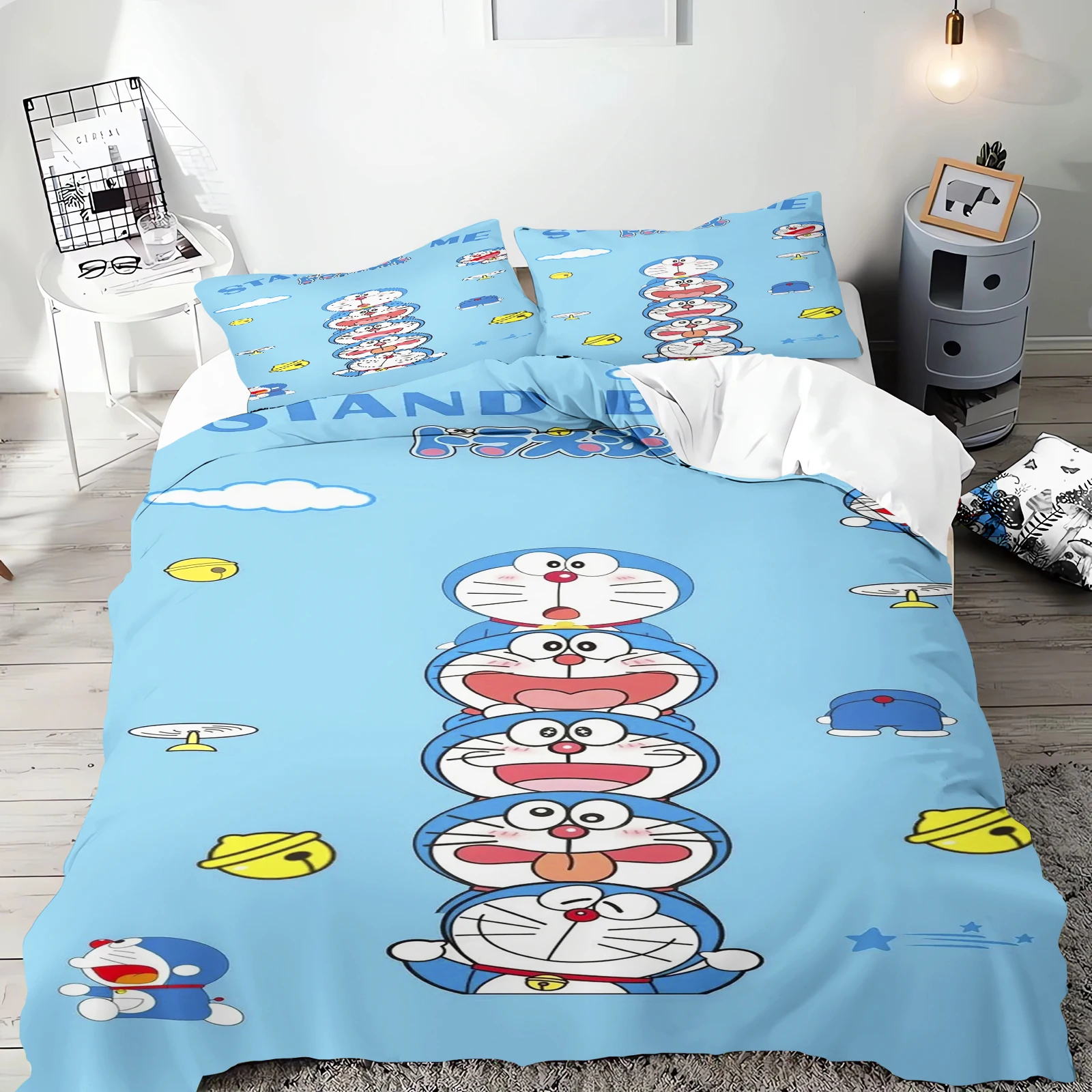 Cartoon Quilt Cover Blue Cat Bedding Set Home for Teen Children Bedroom Polyester Various Sizes Decor Soft Comfortable Baby