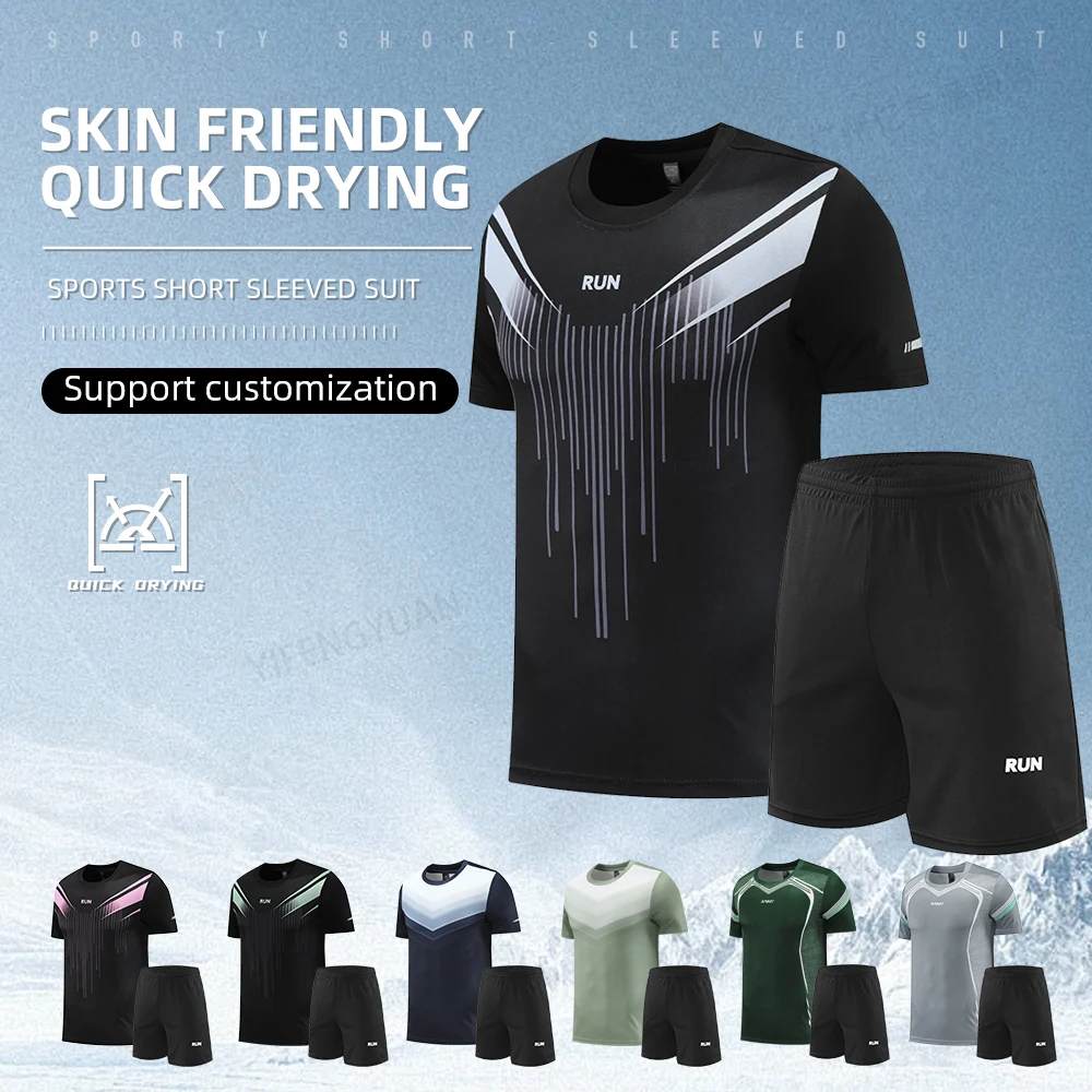 

Quick Drying Ice Silk T-shirt Tracksuit Men Fitness Running Clothes Sportswear Short Sleeve Gym Sports Training Shorts Outfit