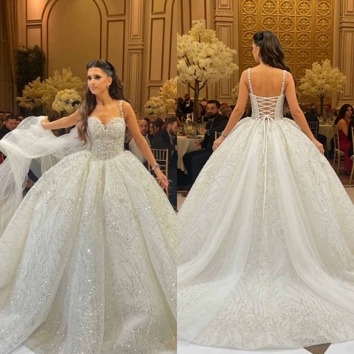 

Custom Luxury Spaghetti Strap Ball Gown Wedding Dress 2025 Elegant Beaded Bridal Gown with Cathedral Plus Size Vestido De Novia