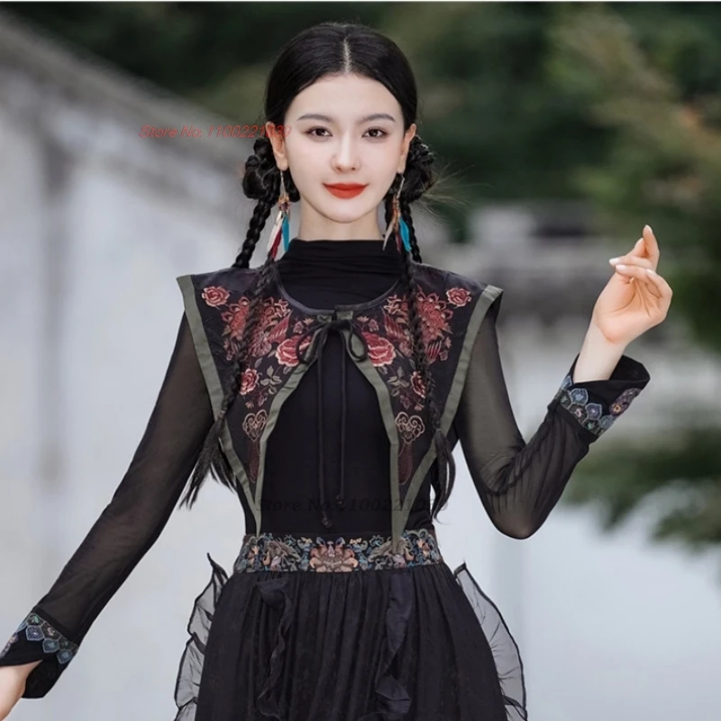 

2025 китайские винтажные аксессуары ханьфу, шаль, плащ, накидка, накидка с национальной цветочной вышивкой, восточный жилет с круглым вырезом, куртка без рукавов