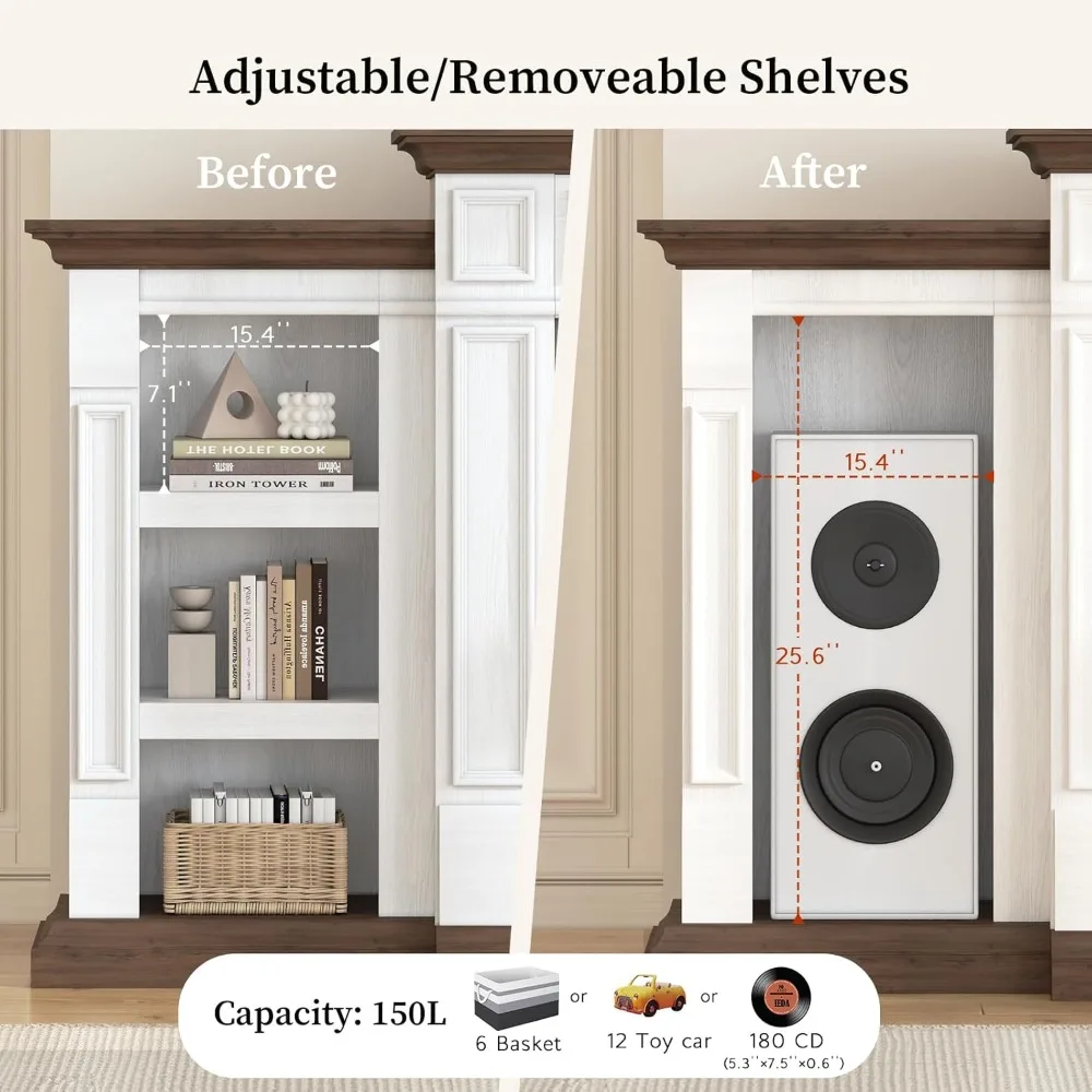 حامل تلفزيون مدفأة مقاس 80 بوصة لأجهزة التلفاز حتى 90 بوصة، مدفأة كهربائية مع رف، مركز ترفيه المزرعة مع مساحة تخزين