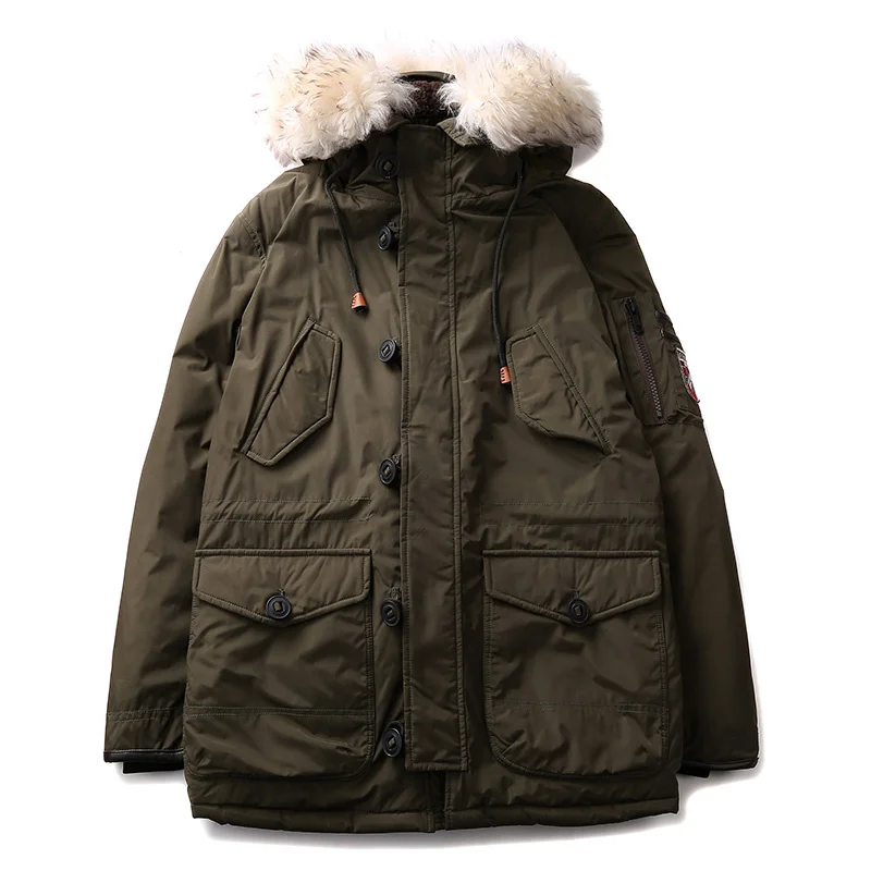 Jaqueta de colarinho de pele multi bolsos masculina, Parka militar, sobretudo de pelúcia médio longo, casaco de pato espesso, inverno