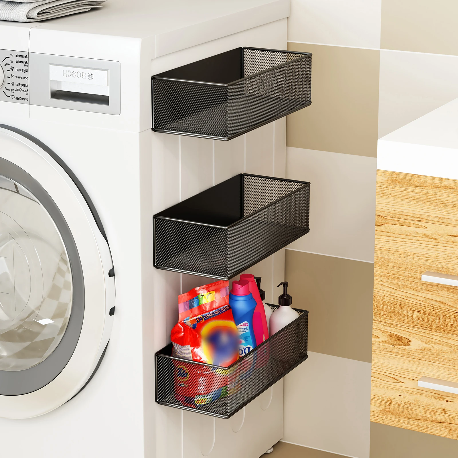 أداة سحرية لتخزين الشرفة: رف موزع منظفات الغسيل المغناطيسي، حامل كرة منظف الغسيل المغناطيسي المثبت على الجانب، سلة معلقة بدون حفر #1