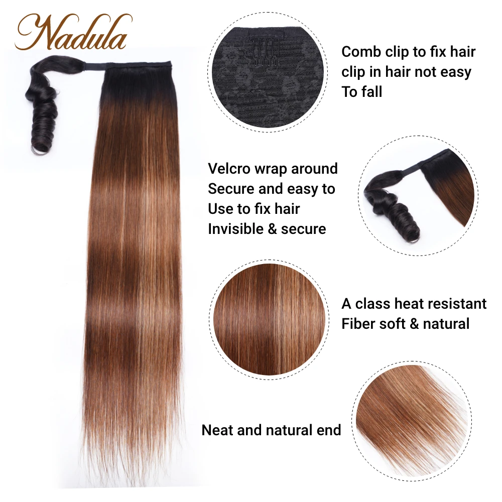 Nadula Hair Wrap Around Ponytail Human Hair Highlight Straight Hair Ponytail Brazilian Hair Clip In Ponytail Extensions 100g