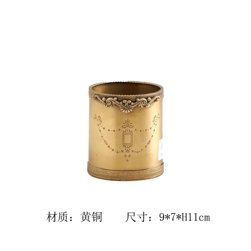 Brass Retro Carved Vase with Dual Handles, Cylindrical Storage Pot, Decor Ornament for Bar & Showroom
