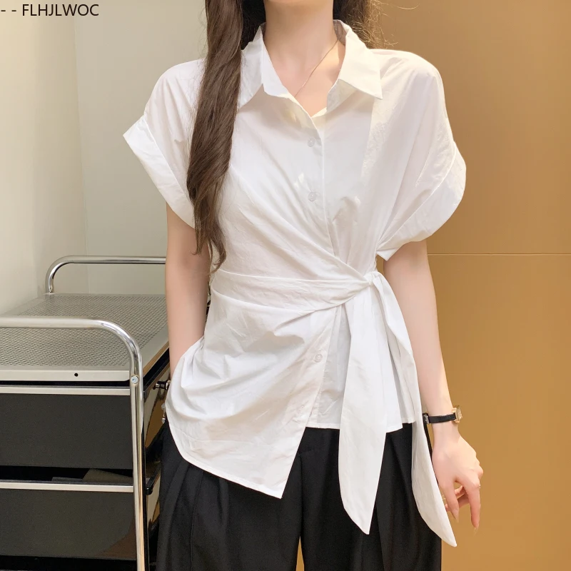 Chemises blanches en coton et lin, hauts péplum à lacets, mignons et doux pour filles du japon, rétro, solides, amples, décontractés, taille fine, chemisiers Design Chic Y2K