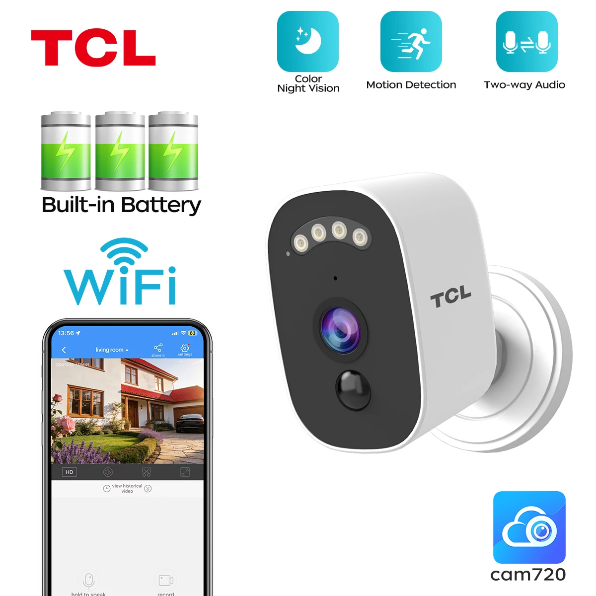 

TCL Wireless WiFi Rechargeable Battery Security Camera Indoor Outdoor 5MP HD PIR Human Detection Night Vision Battery Camera