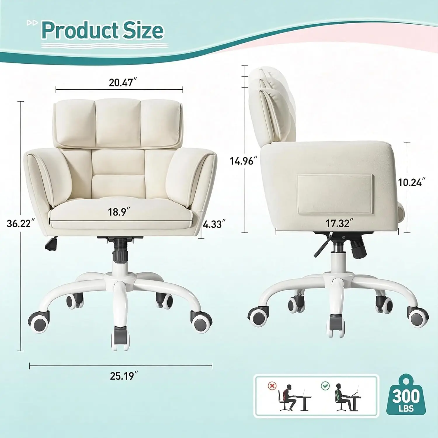 Desk Chair with Armrests & Side Pocket, Soft-Touch Velvet | Height Adjustable & Smooth Wheels, Modern Cute Design &, Customized
