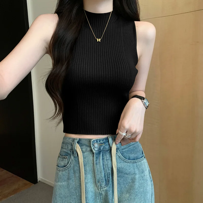 Semi Turtleneck Knitted Vests Summer Women Girl Sleeveless Solid Slim Tops Korean Elastic Knitwear Simple Tank Tops