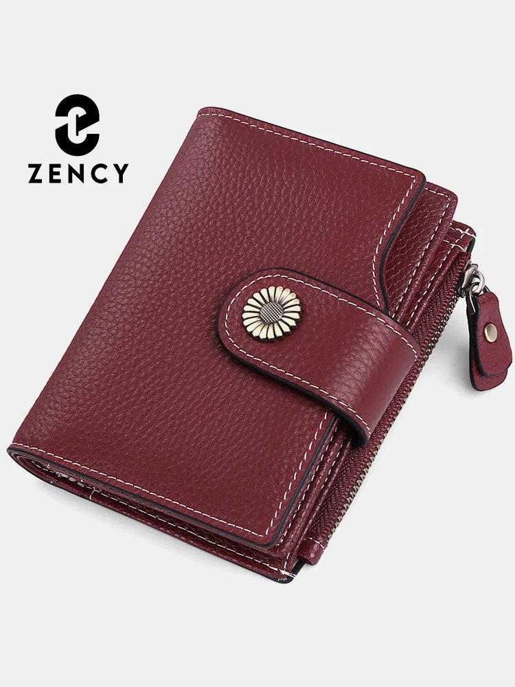 Zency Anti-theft RFID Short Wallet for Women Genuine Leather Ladies Purse Card Holder Coin Case Key Clutch Bag Dark Red Flower H