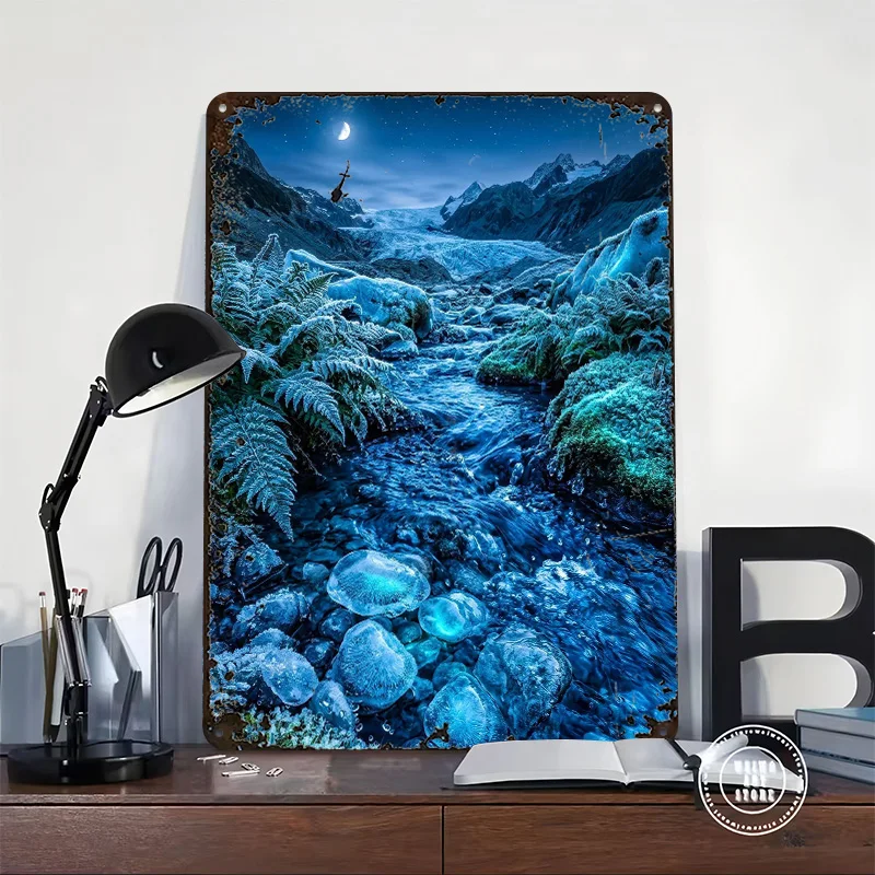 Frozen Glacier Stream Under Moonlight Poster Customized Vintage Metal Signs Wall Art Retro Tin Plaque for Luxury Home Decor Room