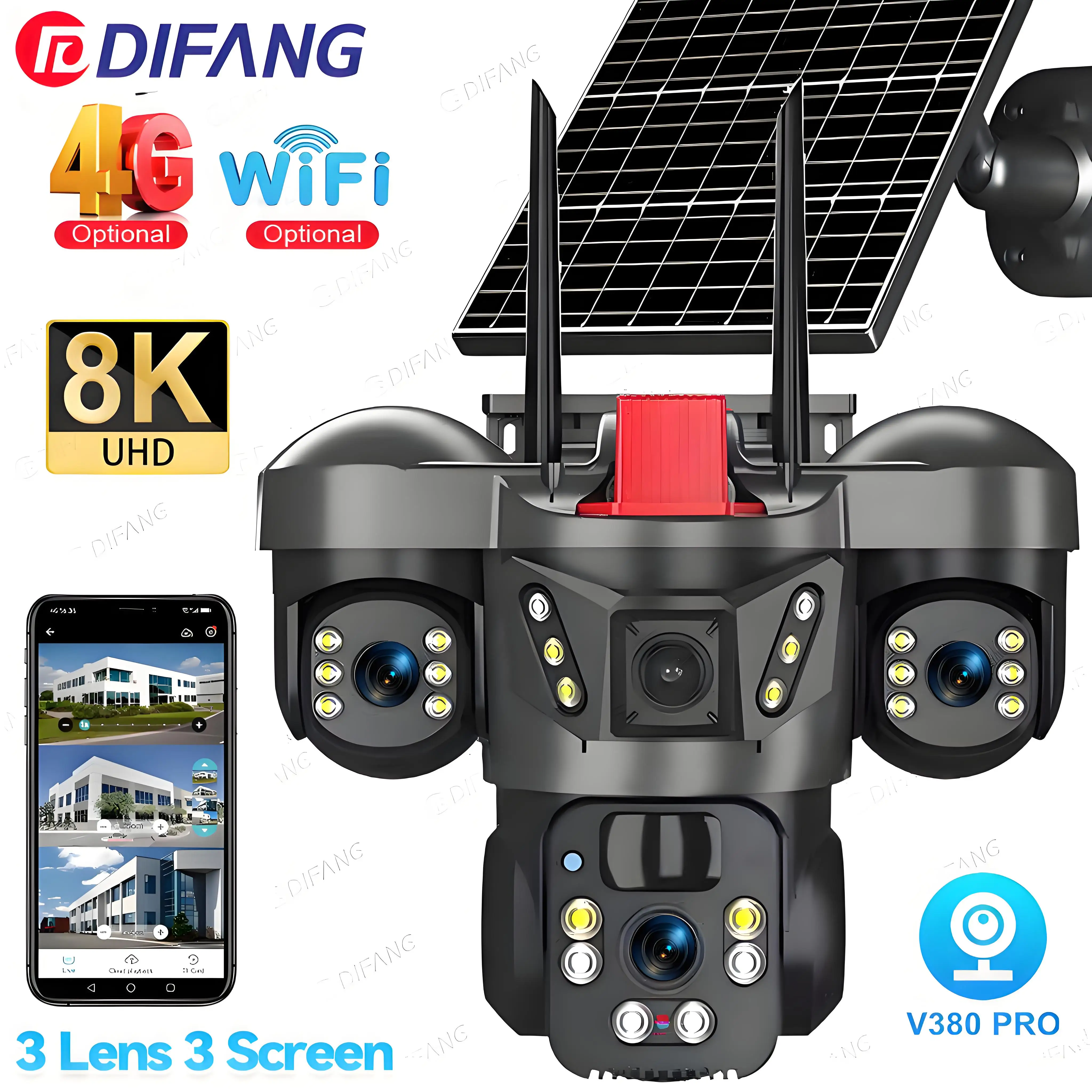 

DIFANG 15MP 8K Wireless WiFi Solar Cama Three Screen Three Lens 4G Sim Card Solar Surveillance Outdoor PTZ Solar CCTV V380 Pro