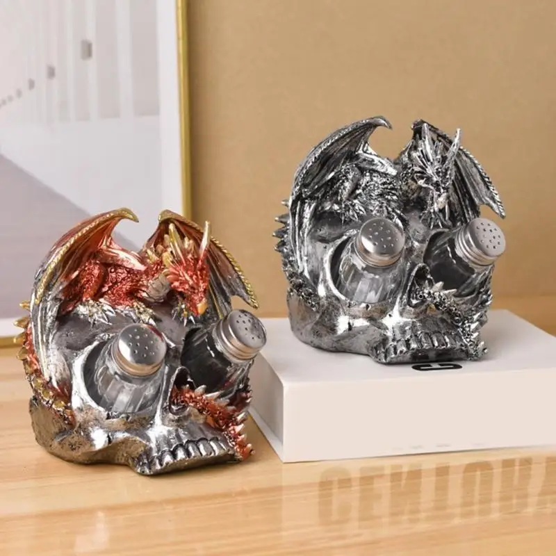 Halloween Scary Dragon Skull Resins Figurine with Salts Shaker Holder Statue Desktop Ornament Kitchen Restaurant Decors X3UC