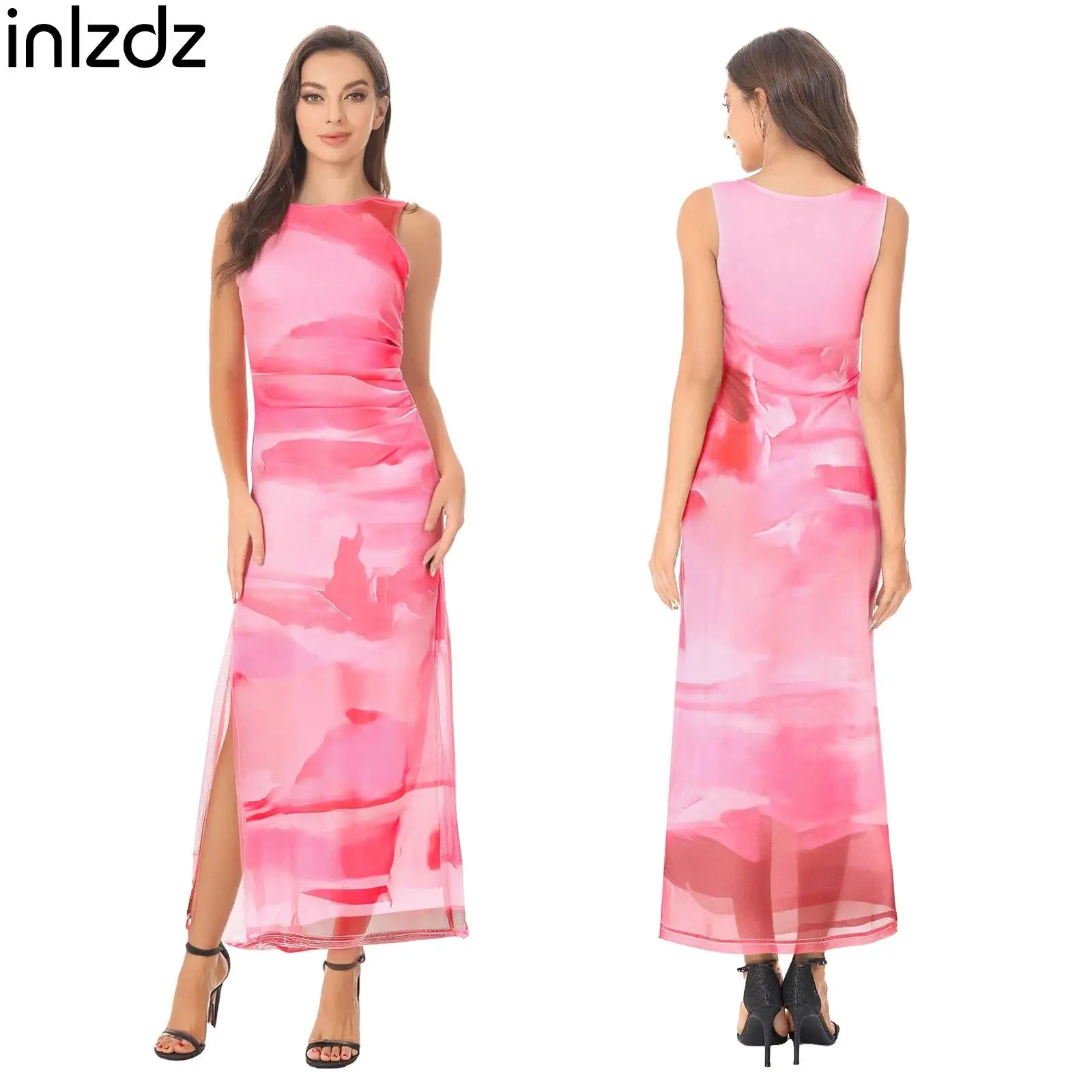 

Womens Beachwear Tied-dyed Floral Print Sleeveless Dress Side Ruched And Slit Bodycon Tank Dress Cheongsam Silhouette Maxi Dress