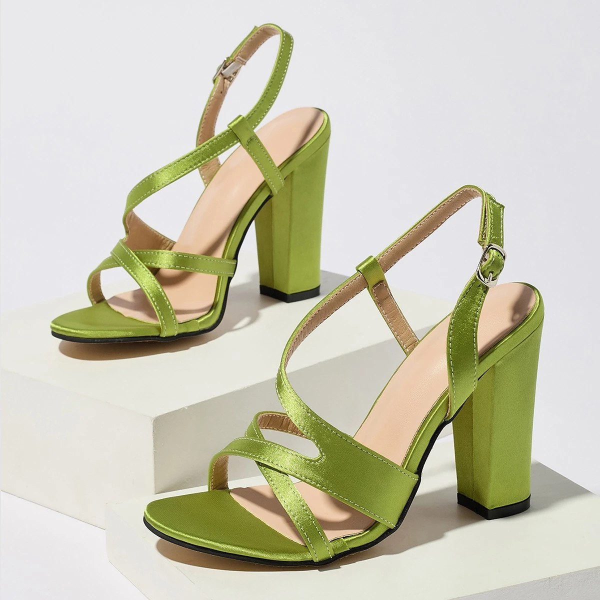 Slip-On Satin Thick High Heels Sandals Women's Thin Strap Shoes Grass Green Summer Ladies Back Strap Dress Open Toes Shoes 2026
