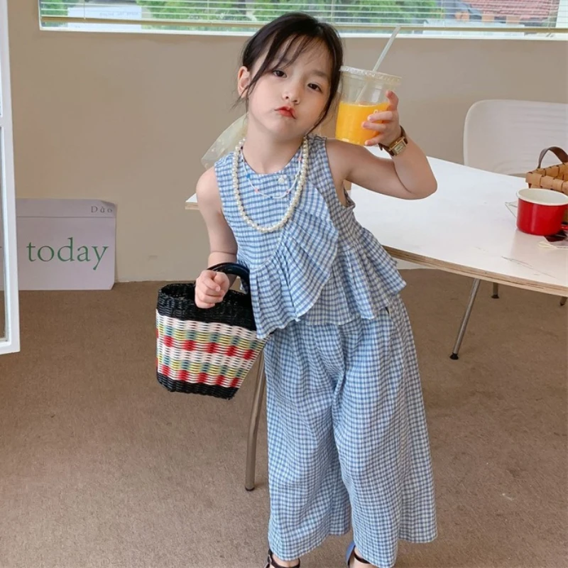 Toddler Baby Girl Spring Summer Clothes Set Striped Irregular Flounce Sleeveless Blouse+with Wide Leg Trousers Daily Kids Outfit